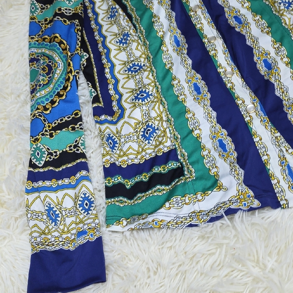 Cache Blue and Green Patterned Button Down Shirt - image 3